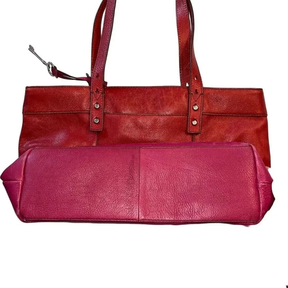 Fossil Hunter Leather Tote Bag Pink Red Zip Closure Key Charm Silver Hardware